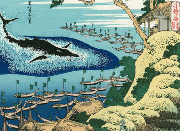 la caccia alle balene ritratta da Hokusai