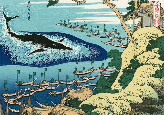 la caccia alle balene ritratta da Hokusai